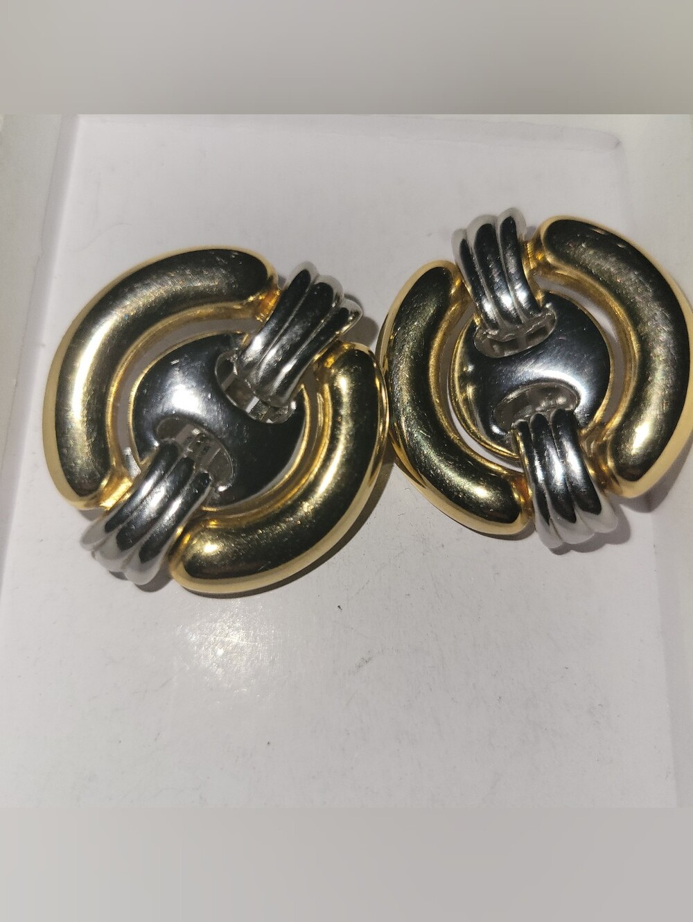 Vintage Two-Tone Gold and Silver Circular Link Clip On Earrings